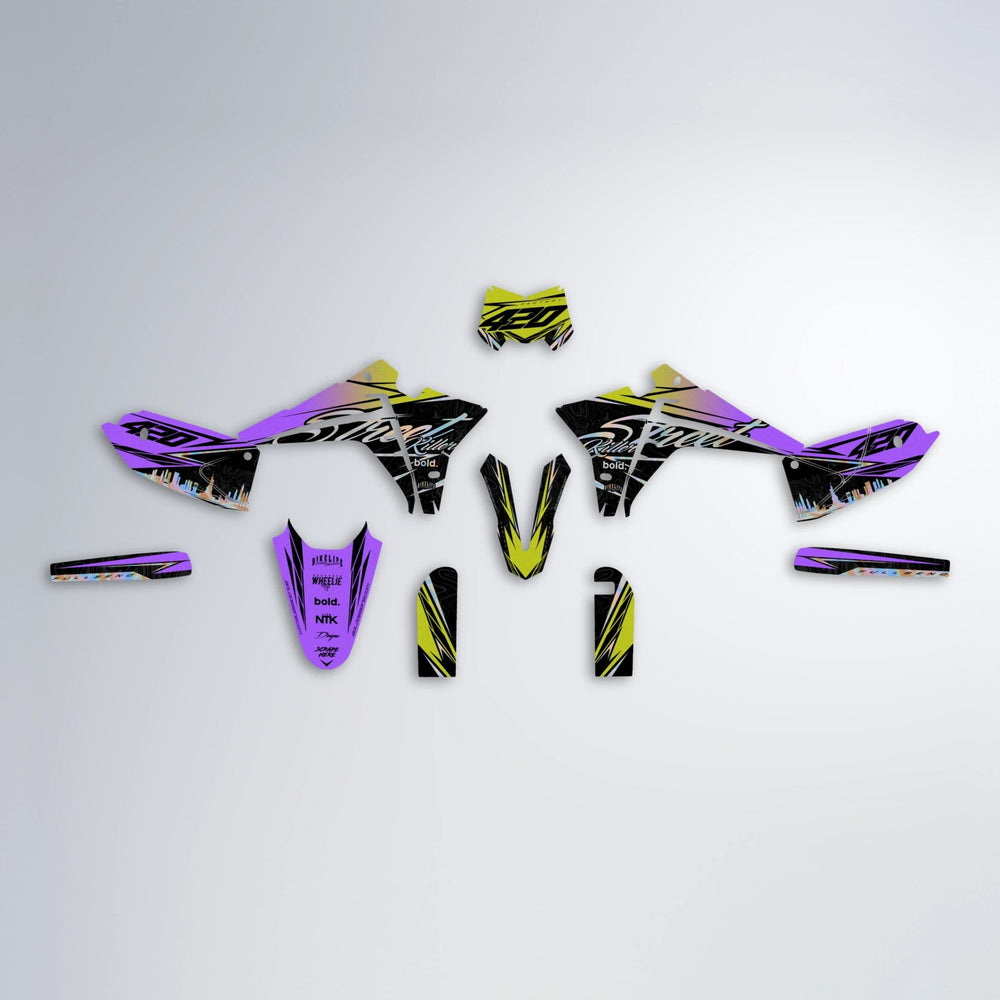 BLAZE Fantic graphics kit parts layout in Purple & Yellow