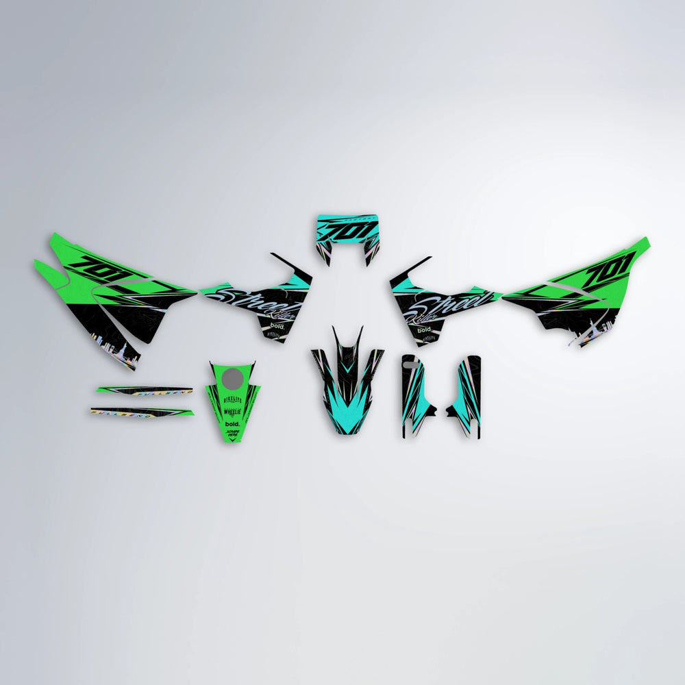 BLAZE Husqvarna 701 graphics kit parts layout in Cyan & Green