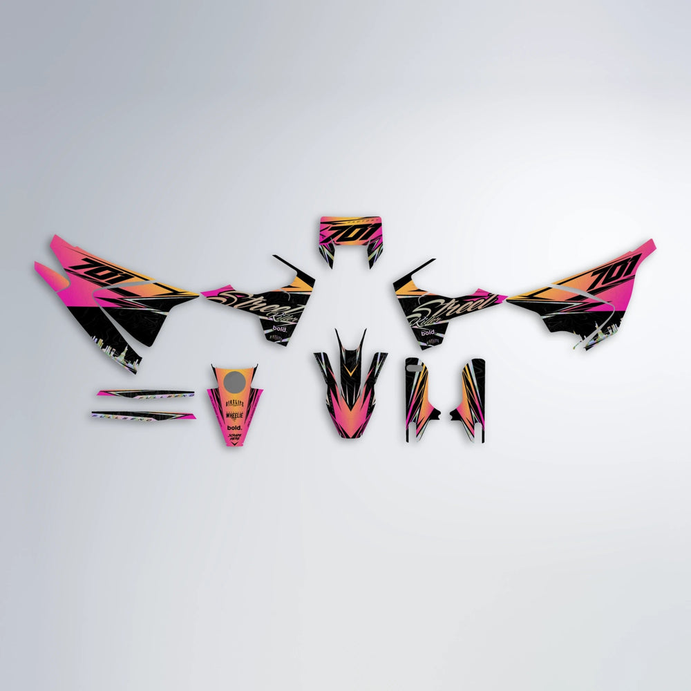 BLAZE Husqvarna 701 graphics kit parts layout in Pink & Yellow