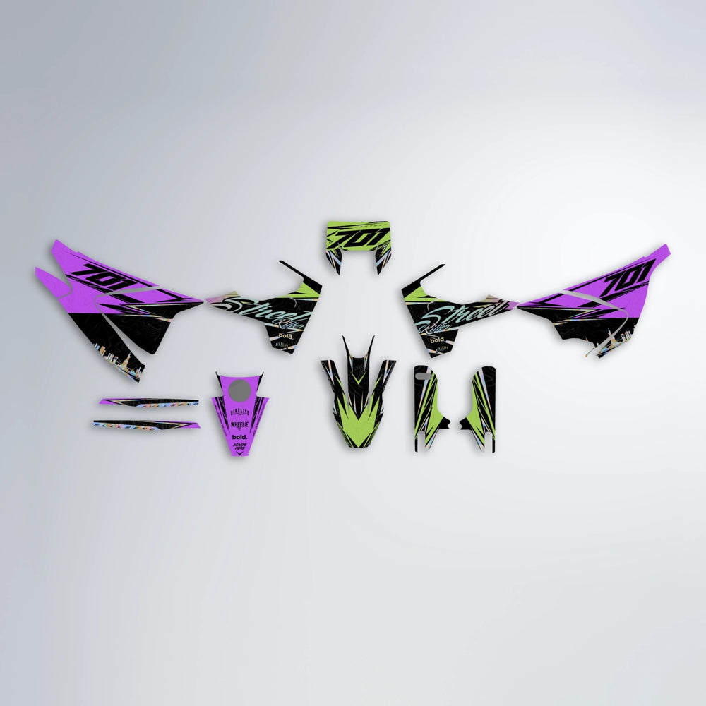 BLAZE Husqvarna 701 graphics kit parts layout in Purple & Yellow
