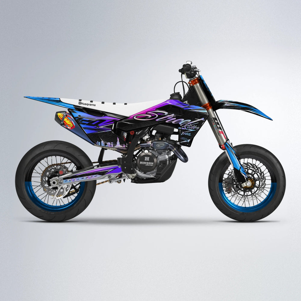 BLAZE Husqvarna FE/TE supermoto graphics kit in Blue Purple Fade