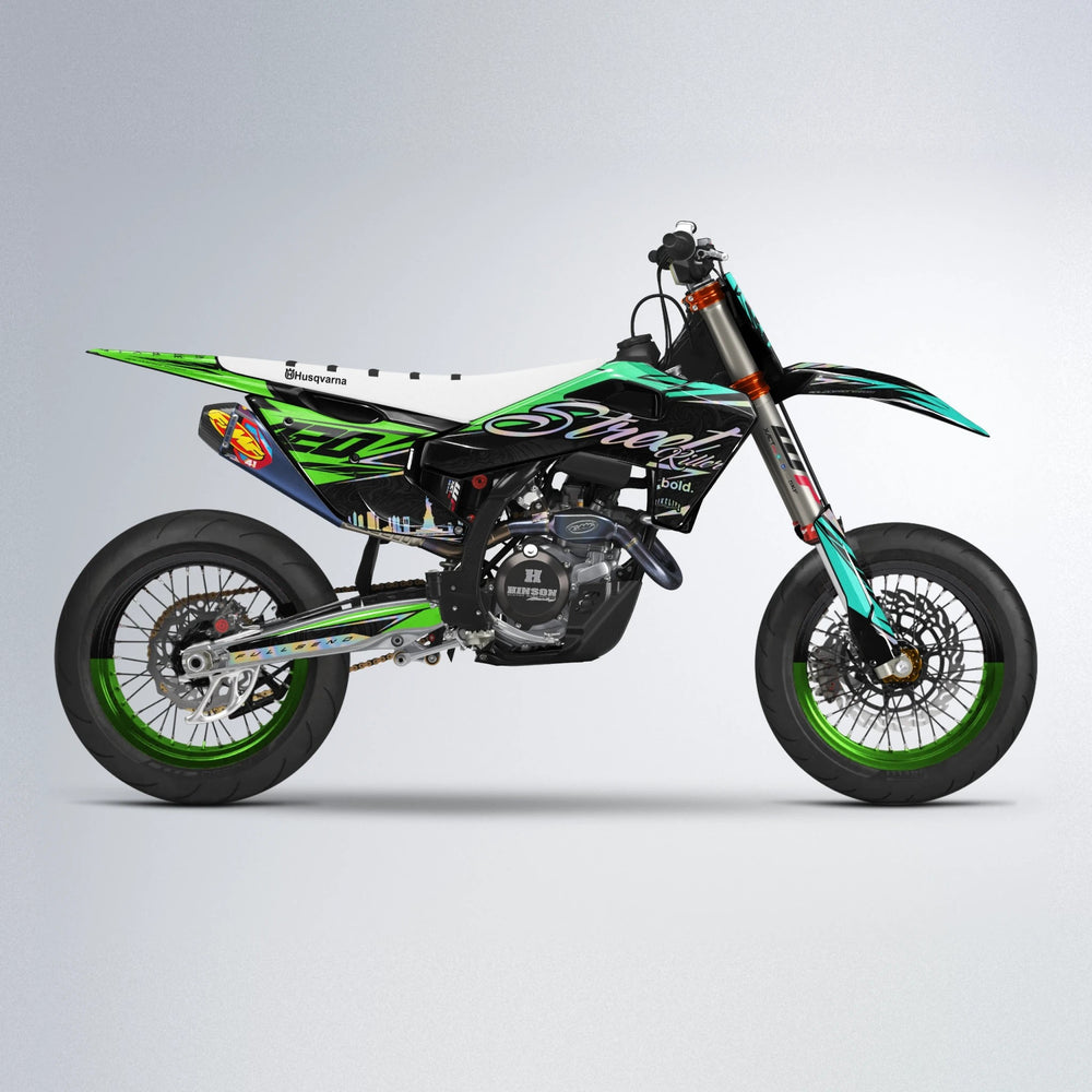 BLAZE Husqvarna FE/TE supermoto graphics kit in Cyan & Green
