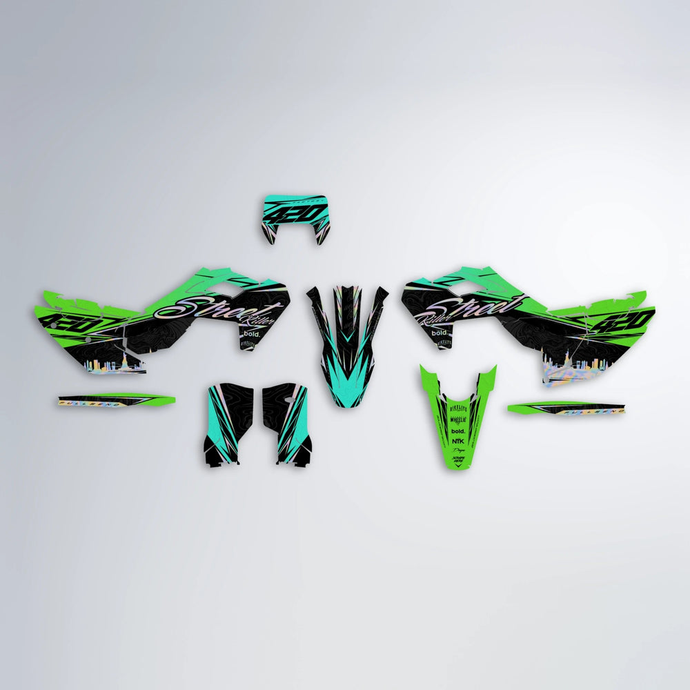 BLAZE Husqvarna FE/TE graphics kit parts layout in Cyan & Green