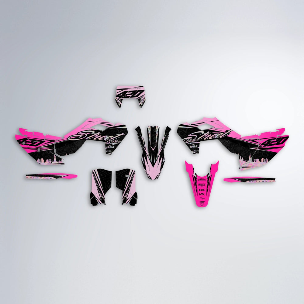 BLAZE Husqvarna FE/TE graphics kit parts layout in Flamingo