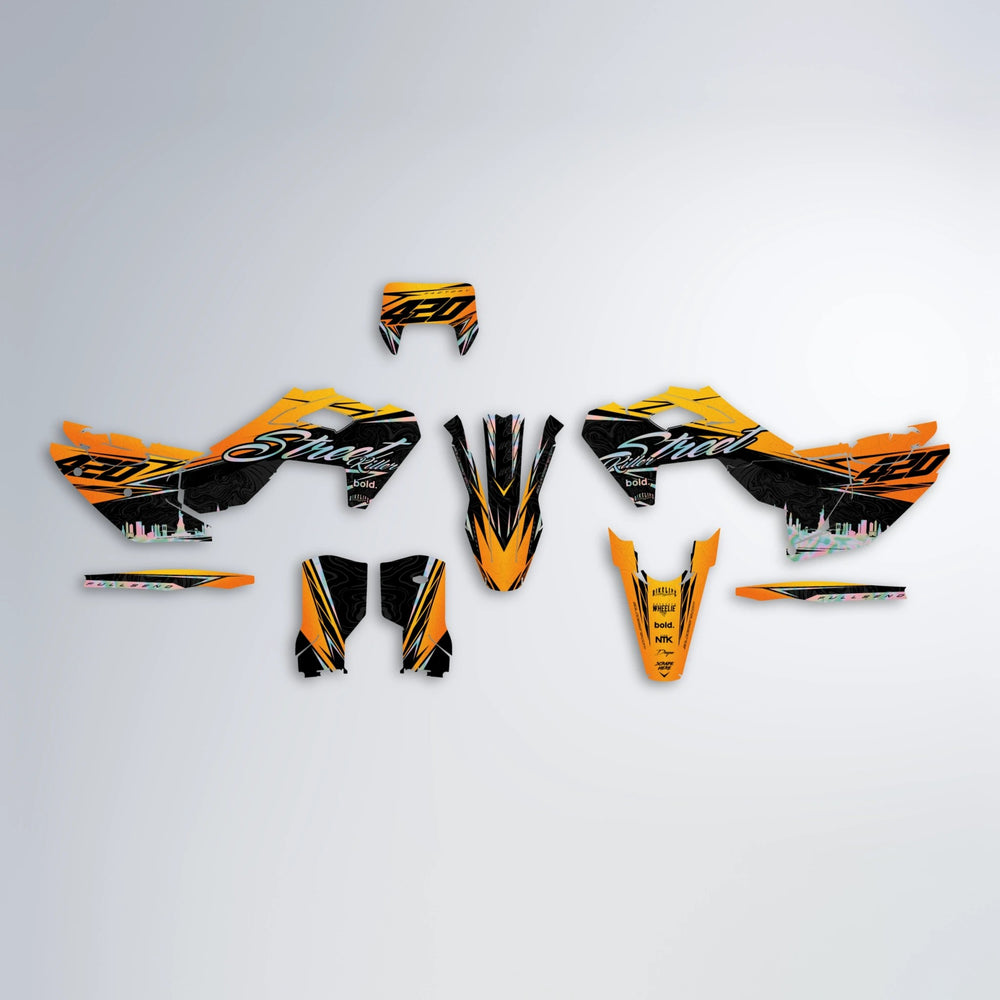 BLAZE Husqvarna FE/TE graphics kit parts layout in Orange & Yellow