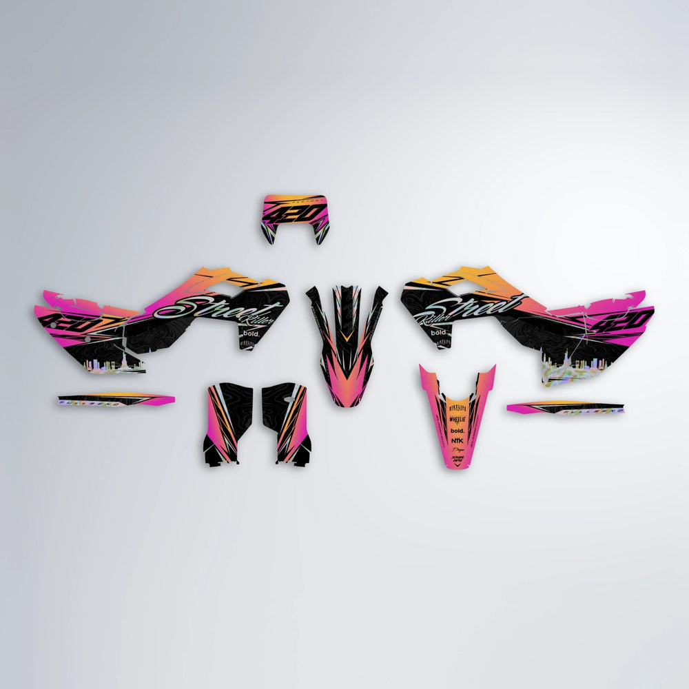 BLAZE Husqvarna FE/TE graphics kit parts layout in Pink & Yellow
