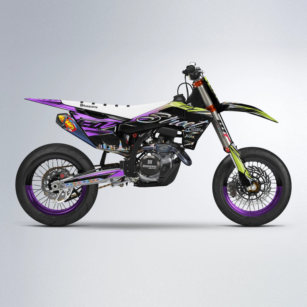 BLAZE Husqvarna FE/TE supermoto graphics kit in Purple & Yellow