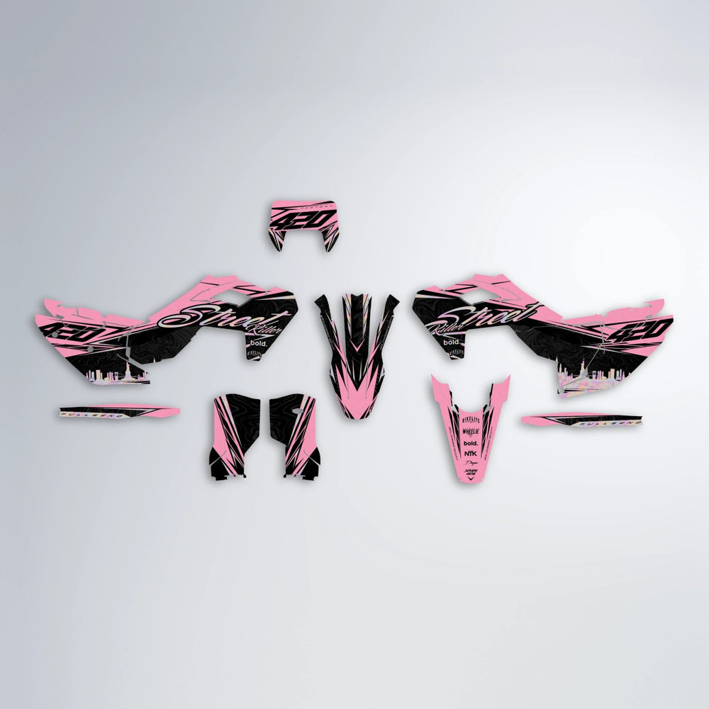 BLAZE Husqvarna FE/TE graphics kit parts layout in Sakura Pink