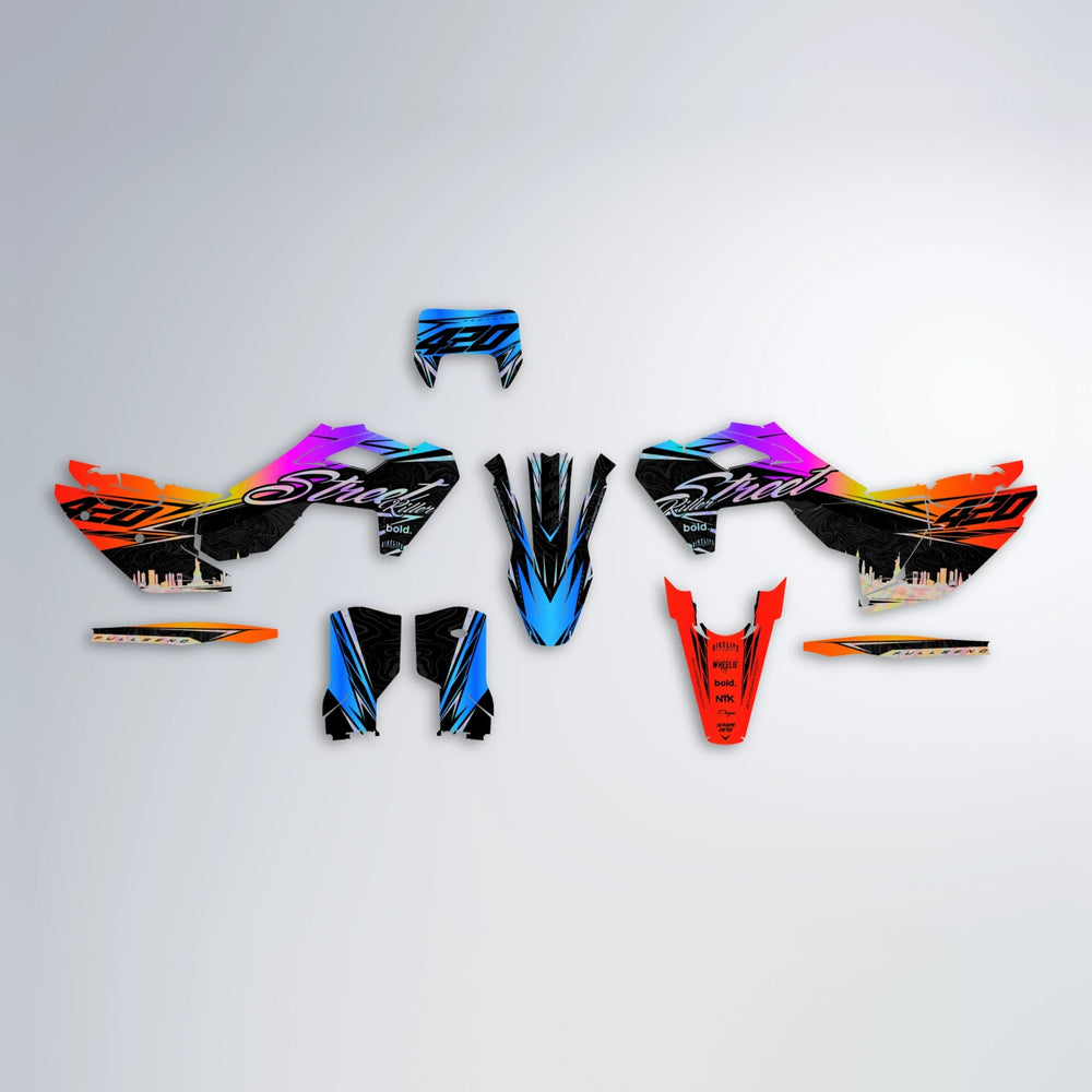 BLAZE Husqvarna FE/TE graphics kit parts layout in Sunset Fade