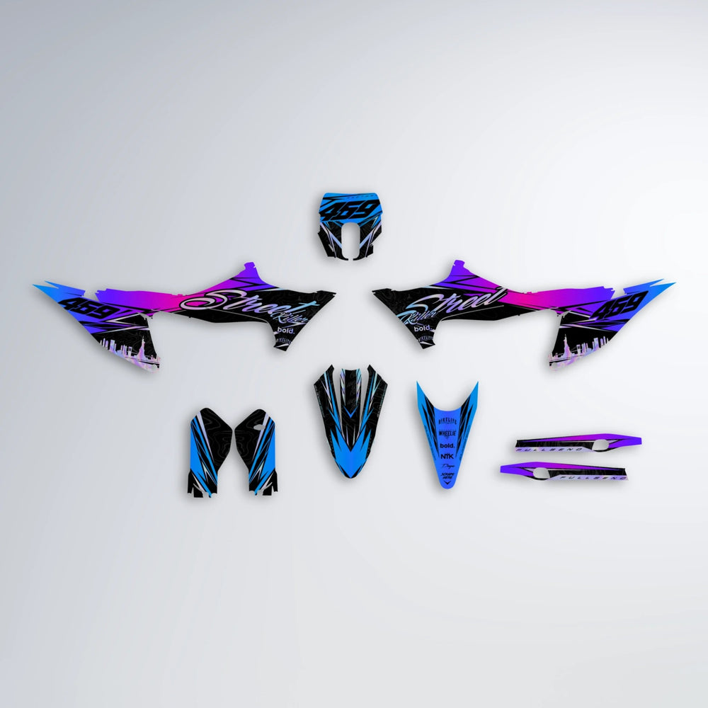 BLAZE Stark Varg MX graphics kit parts layout in Blue Purple Fade