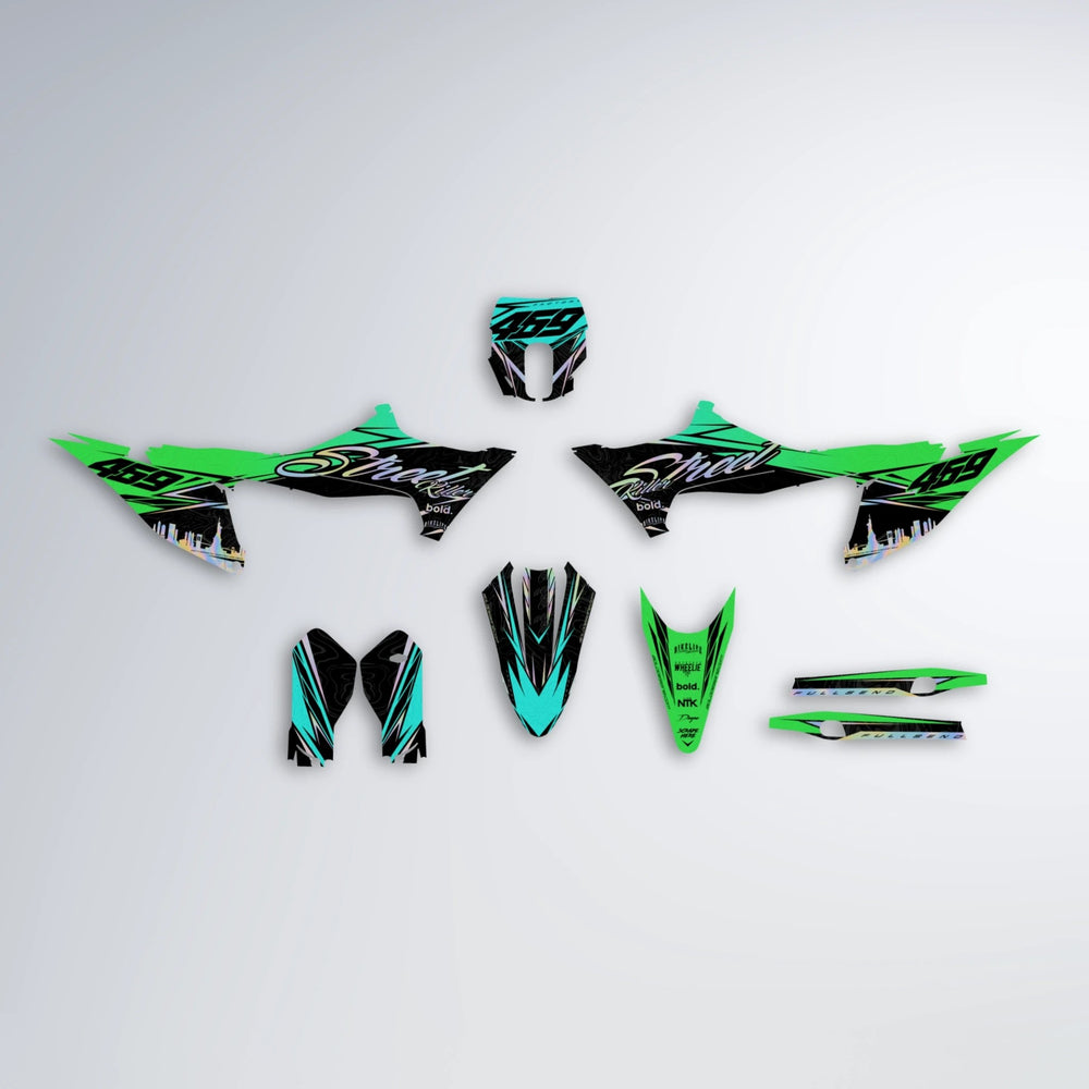 BLAZE Stark Varg MX graphics kit parts layout in Cyan & Green