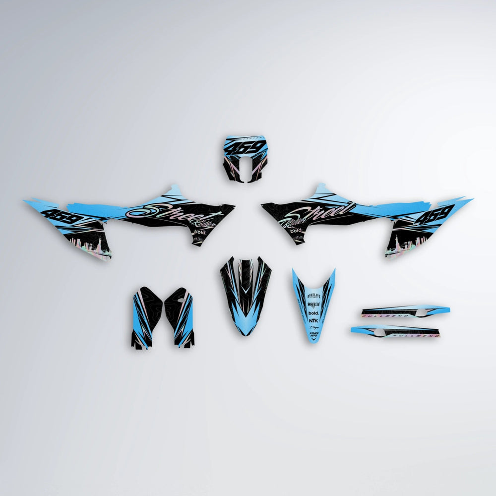 BLAZE Stark Varg MX graphics kit parts layout in Light Blue & White