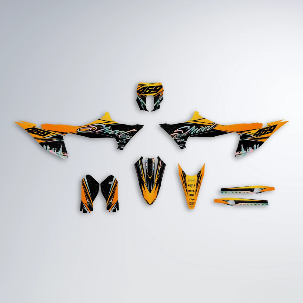 BLAZE Stark Varg MX graphics kit parts layout in Orange & Yellow