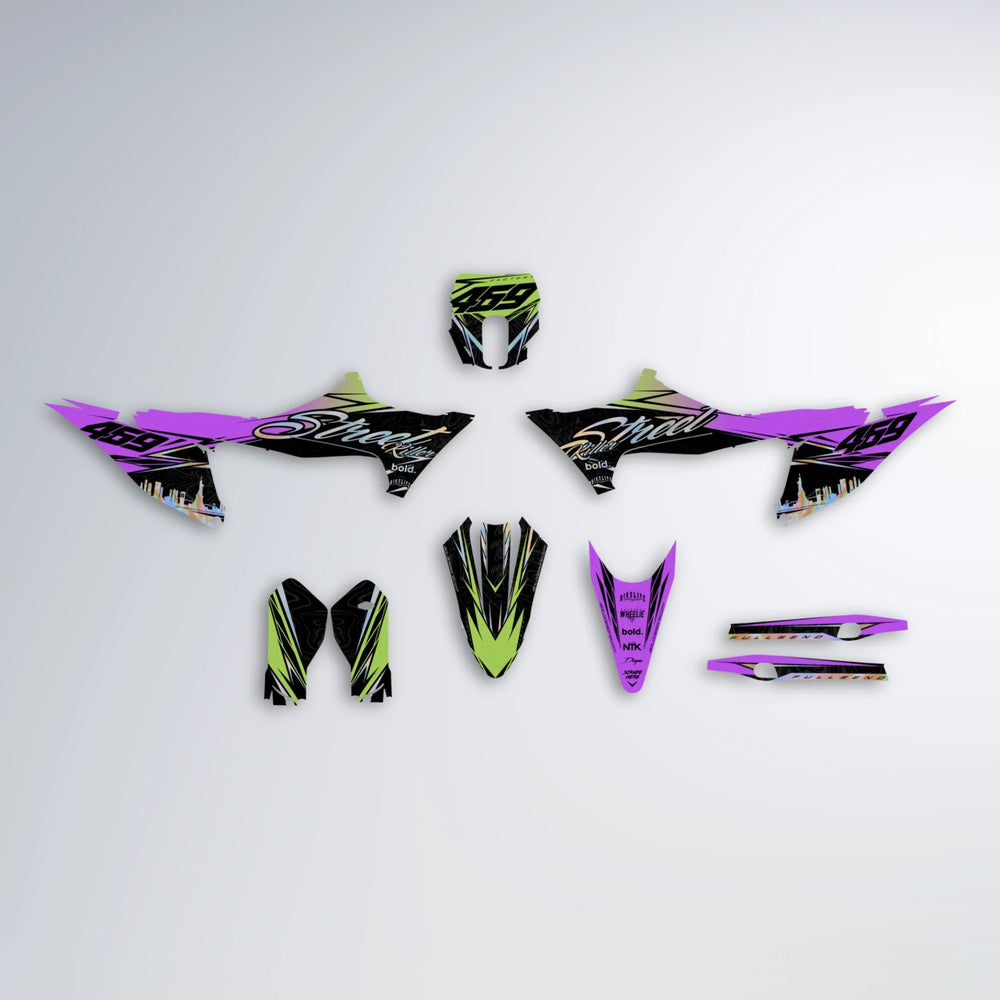 BLAZE Stark Varg MX graphics kit parts layout in Purple & Yellow