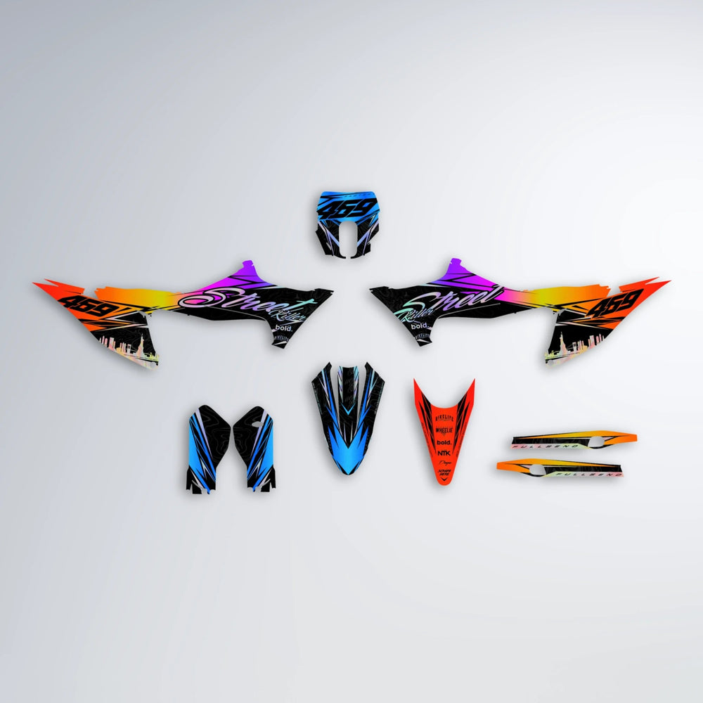 BLAZE Stark Varg MX graphics kit parts layout in Sunset Fade