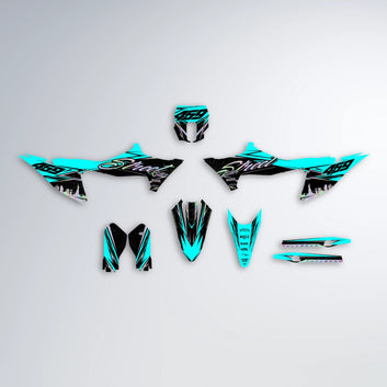 BLAZE Stark Varg MX graphics kit parts layout in Teal