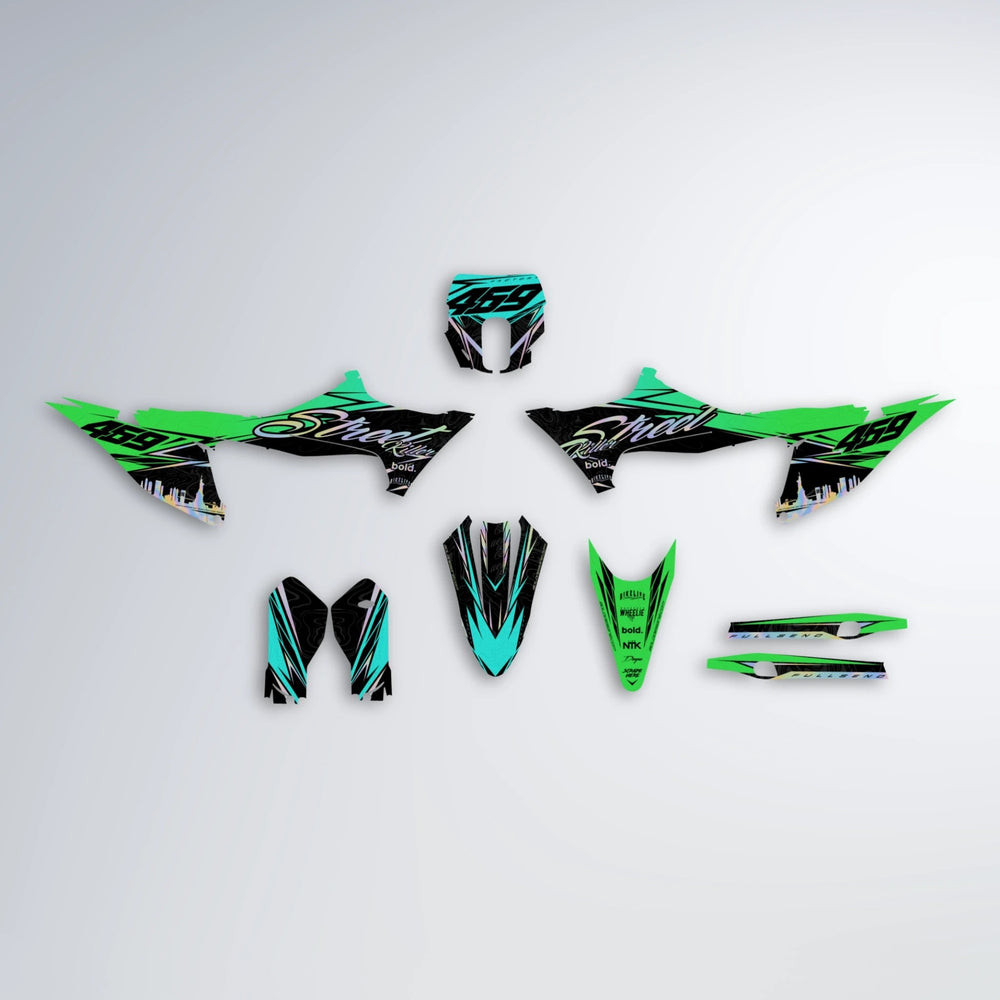 BLAZE Stark Varg SM graphics kit parts layout in Cyan & Green
