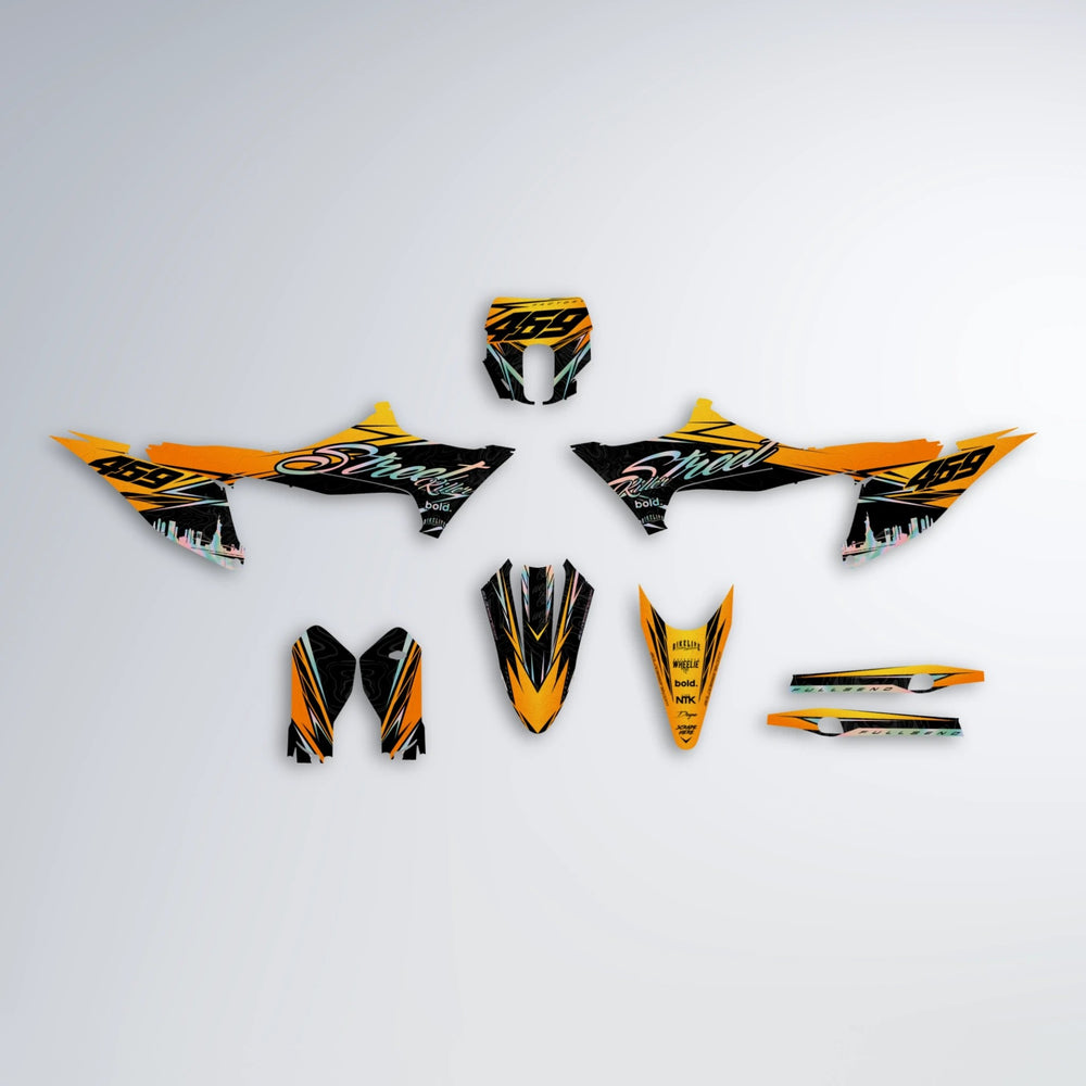 BLAZE Stark Varg SM graphics kit parts layout in Orange & Yellow