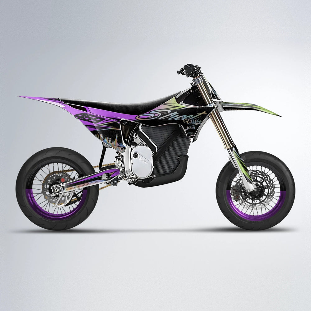 BLAZE Stark Varg SM supermoto graphics kit in Purple & Yellow