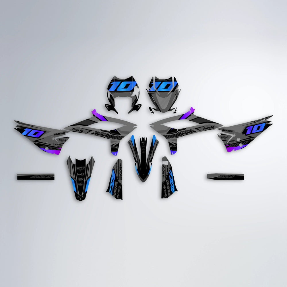 BRANDER Beta graphics kit parts layout in Blue Purple Fade