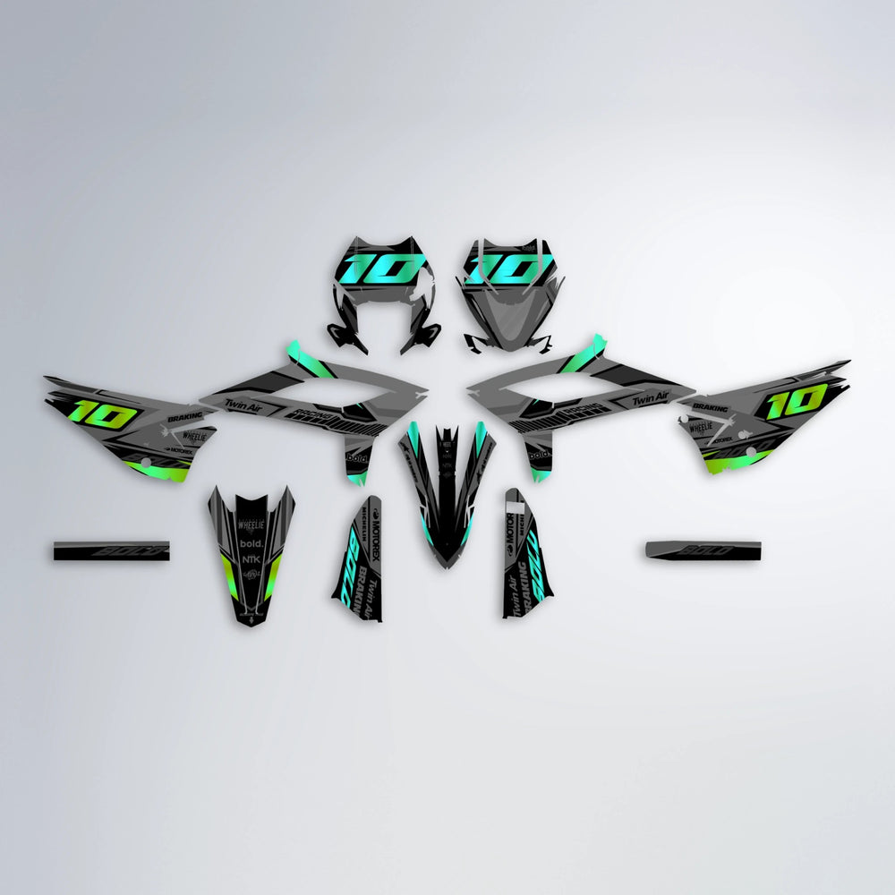 BRANDER Beta graphics kit parts layout in Cyan & Green