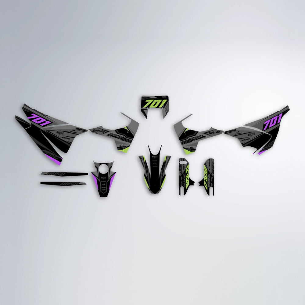 BRANDER Husqvarna 701 graphics kit parts layout in Purple & Yellow