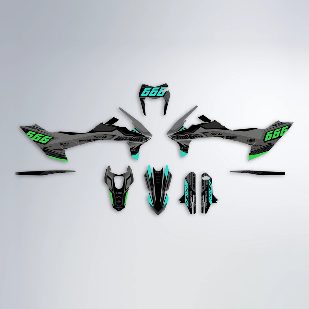 BRANDER KTM SMC 690 graphics kit parts layout in Cyan & Green