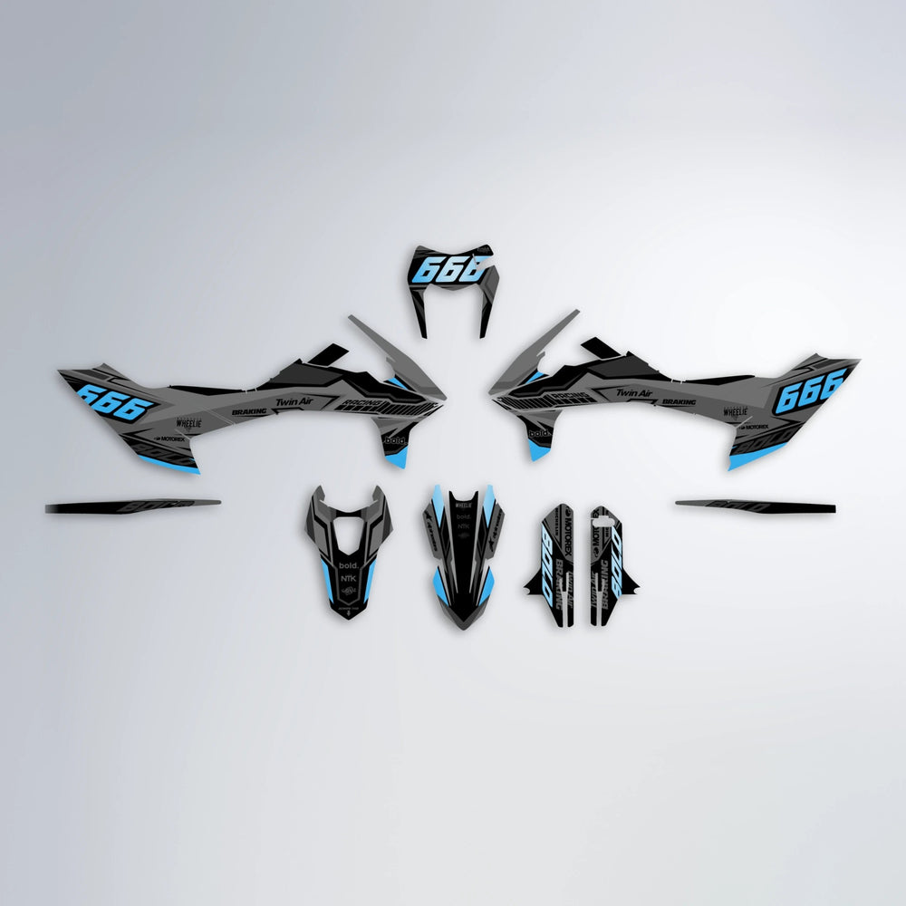 BRANDER KTM SMC 690 graphics kit parts layout in Light Blue & White