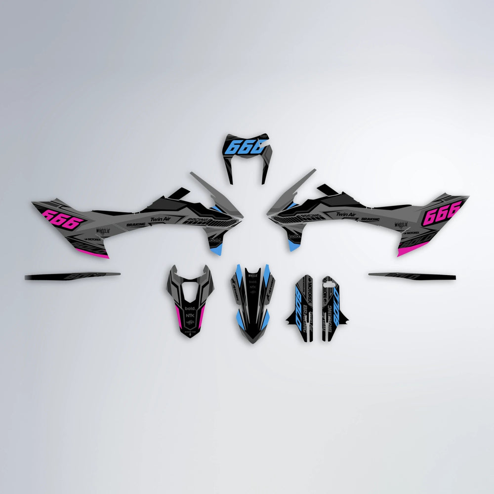 BRANDER KTM SMC 690 graphics kit parts layout in Pink & Light Blue