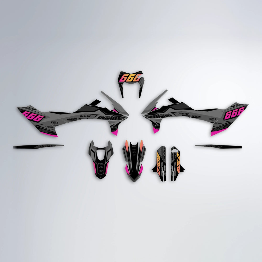 BRANDER KTM SMC 690 graphics kit parts layout in Pink & Yellow
