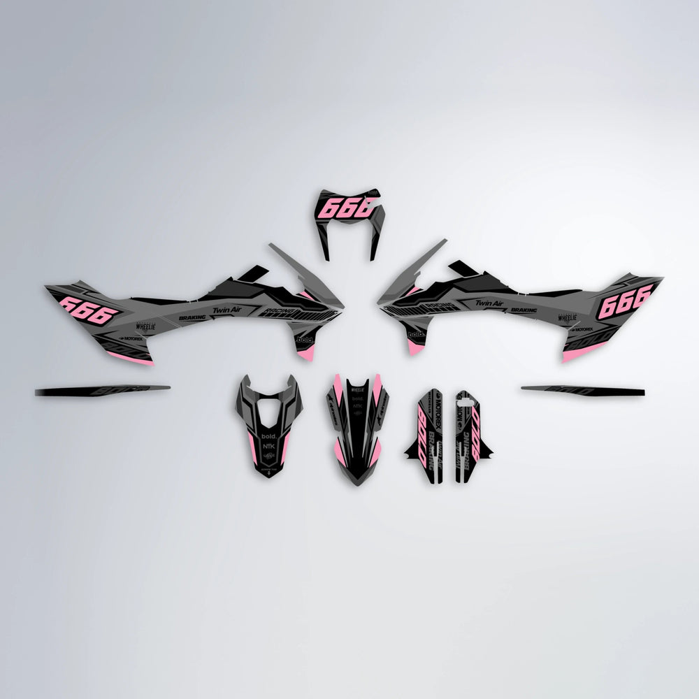 BRANDER KTM SMC 690 graphics kit parts layout in Sakura Pink