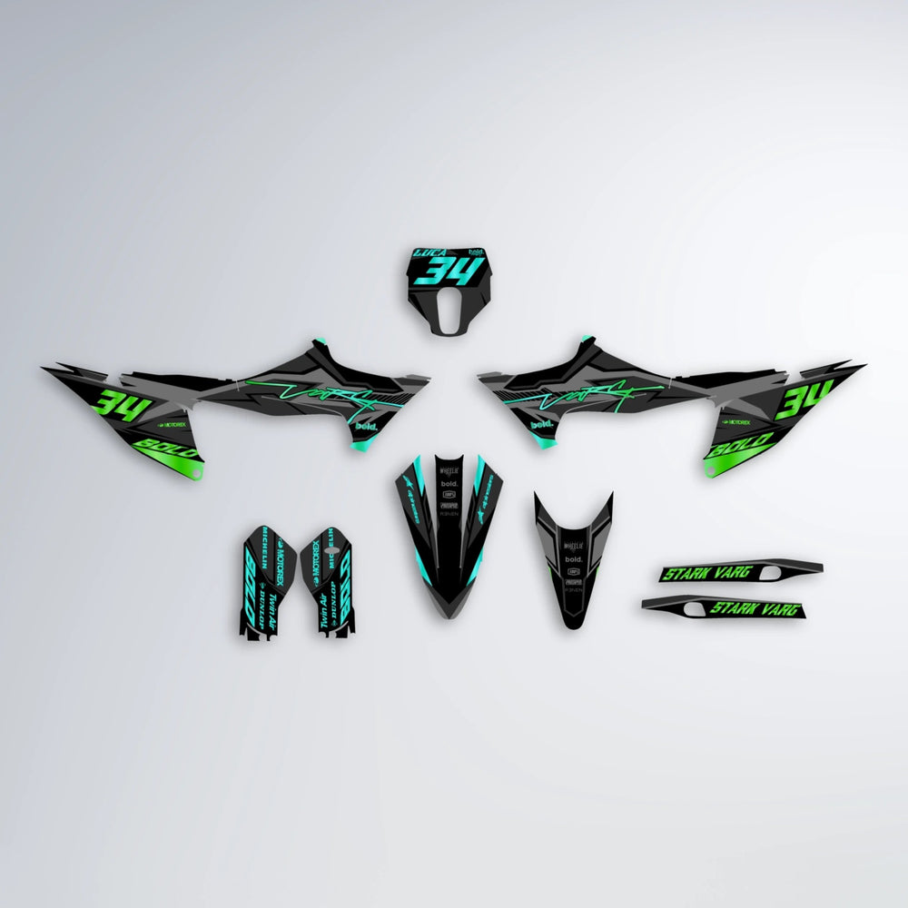BRANDER Stark Varg MX graphics kit parts layout in Cyan & Green