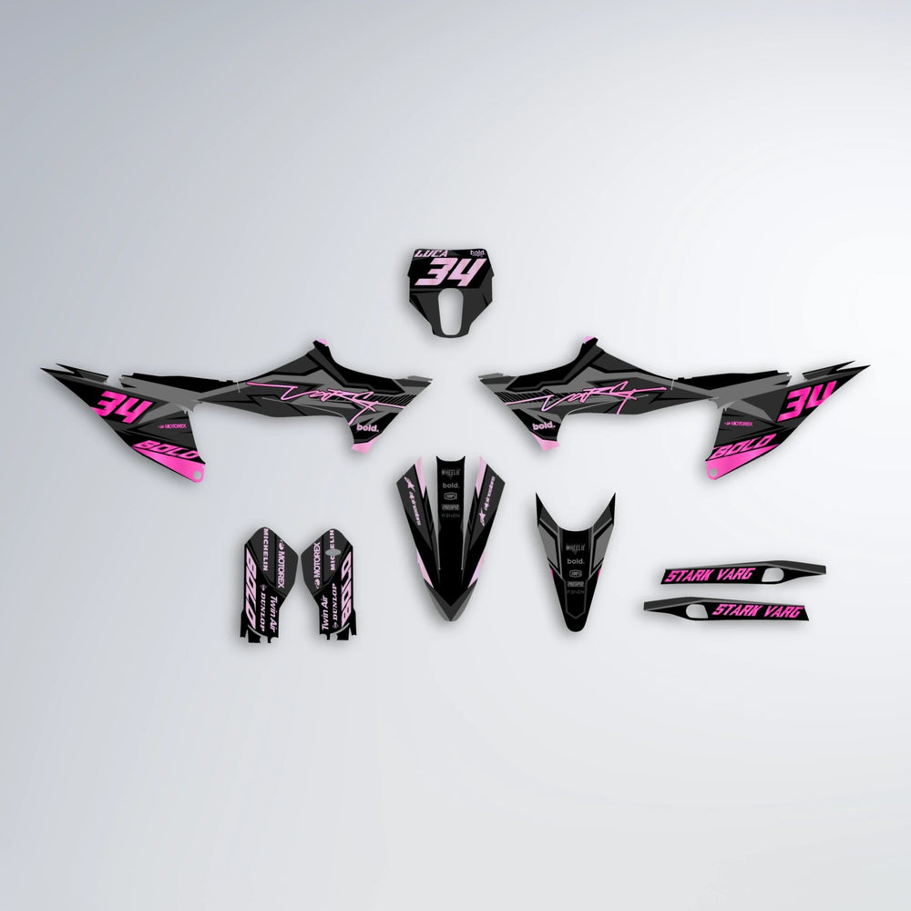 BRANDER Stark Varg MX graphics kit parts layout in Flamingo