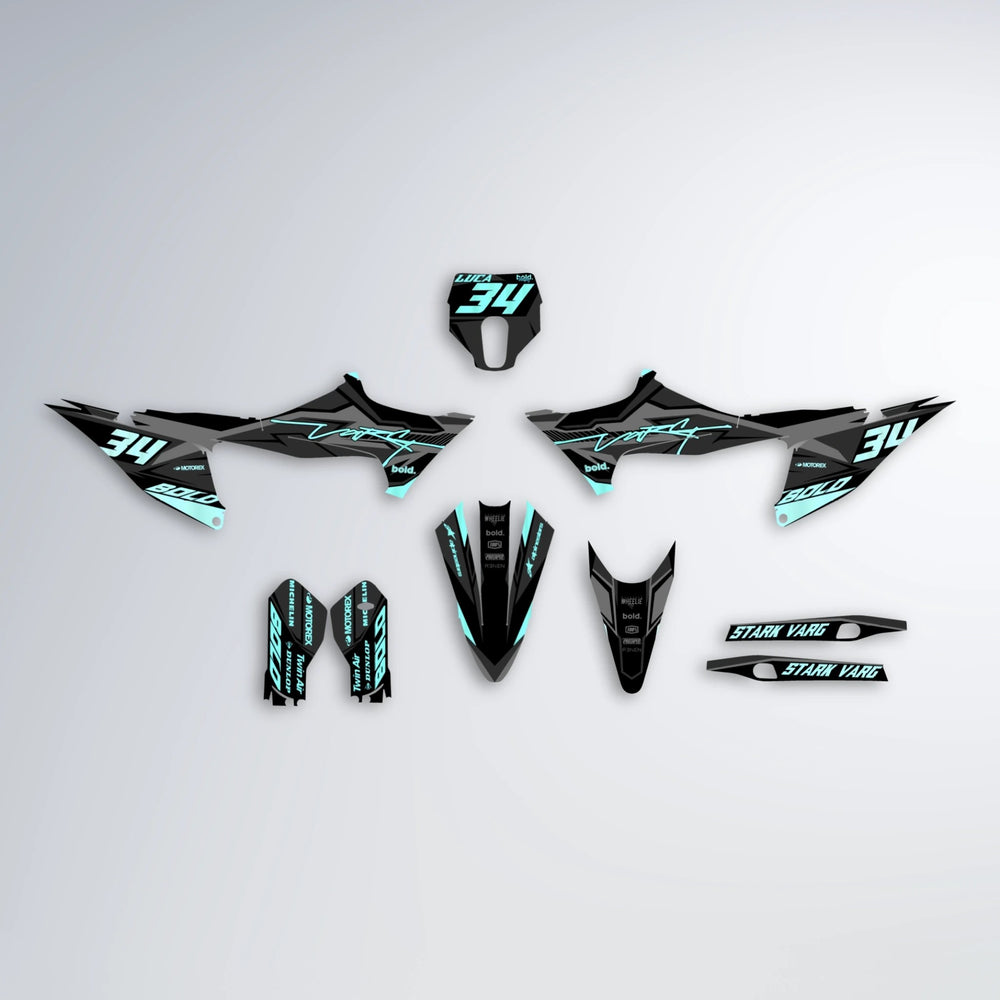 BRANDER Stark Varg MX graphics kit parts layout in Mint