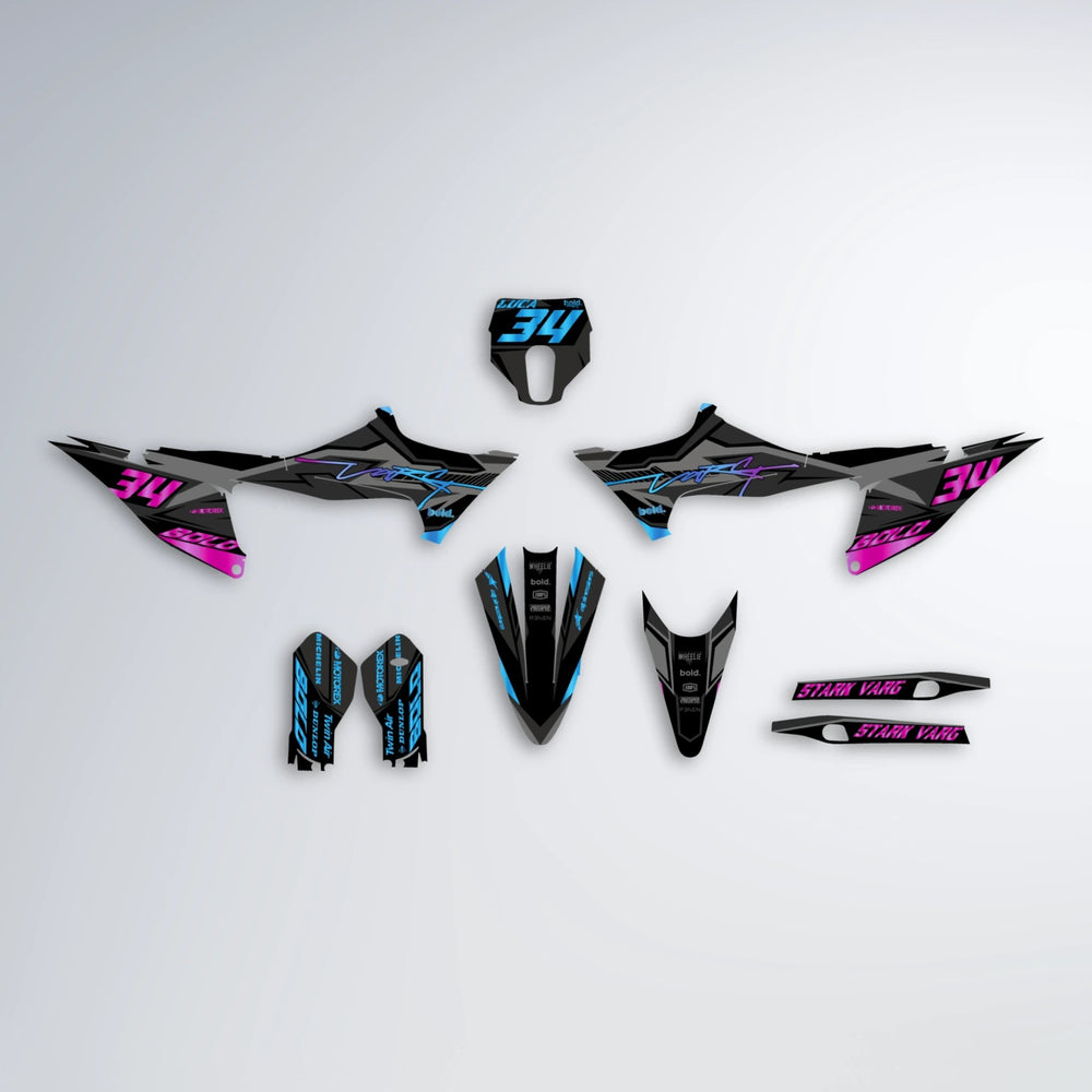 BRANDER Stark Varg MX graphics kit parts layout in Pink & Light Blue