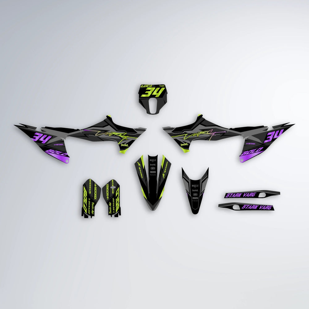 BRANDER Stark Varg MX graphics kit parts layout in Purple & Yellow