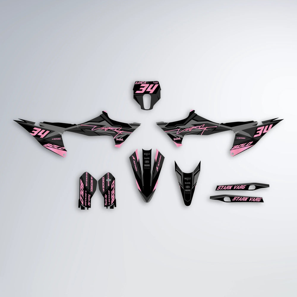 BRANDER Stark Varg MX graphics kit parts layout in Sakura Pink
