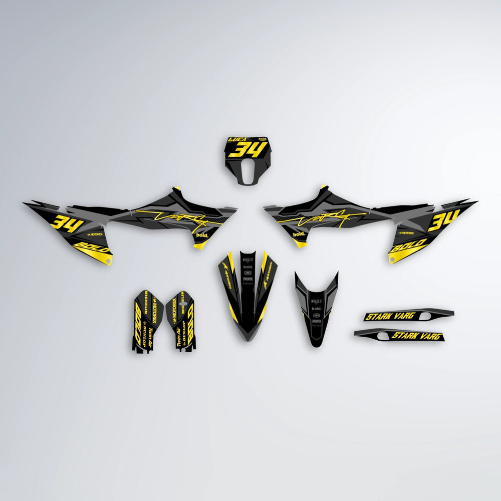 BRANDER Stark Varg MX graphics kit parts layout in Yellow