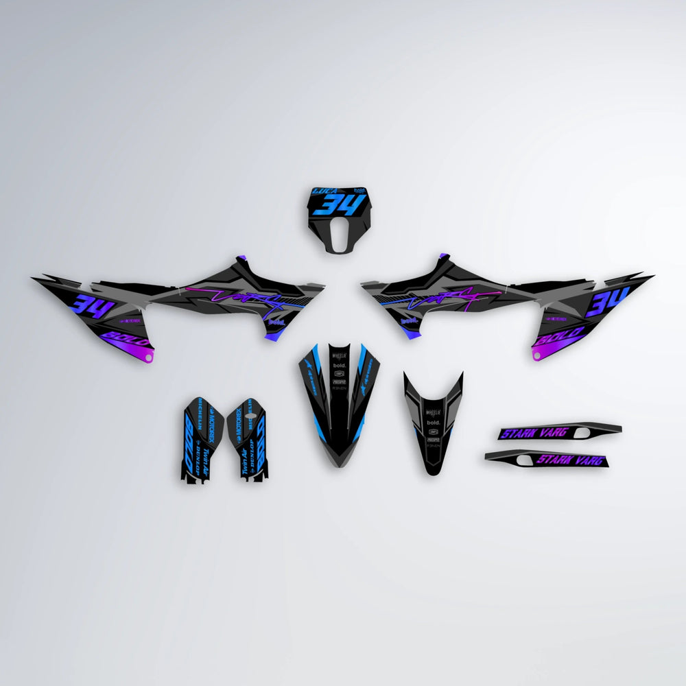 BRANDER Stark Varg SM graphics kit parts layout in Blue Purple Fade