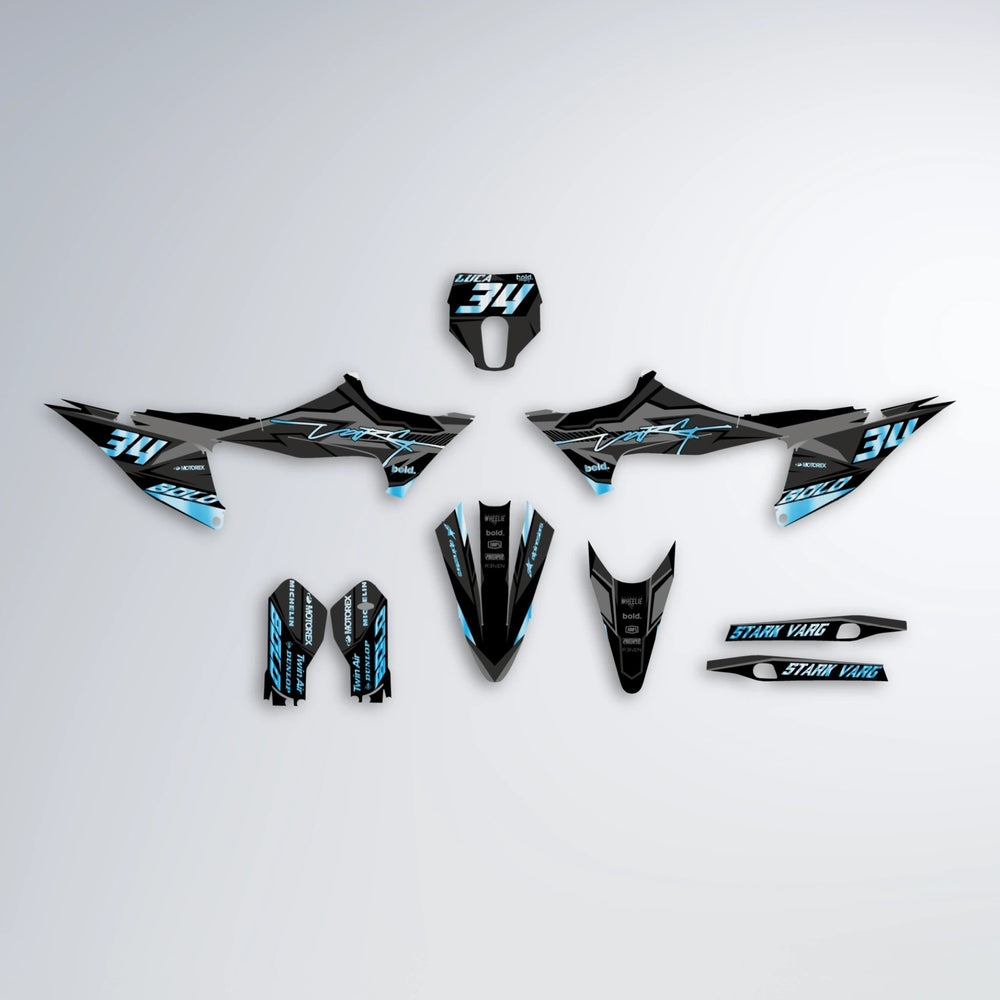 BRANDER Stark Varg SM graphics kit parts layout in Light Blue & White