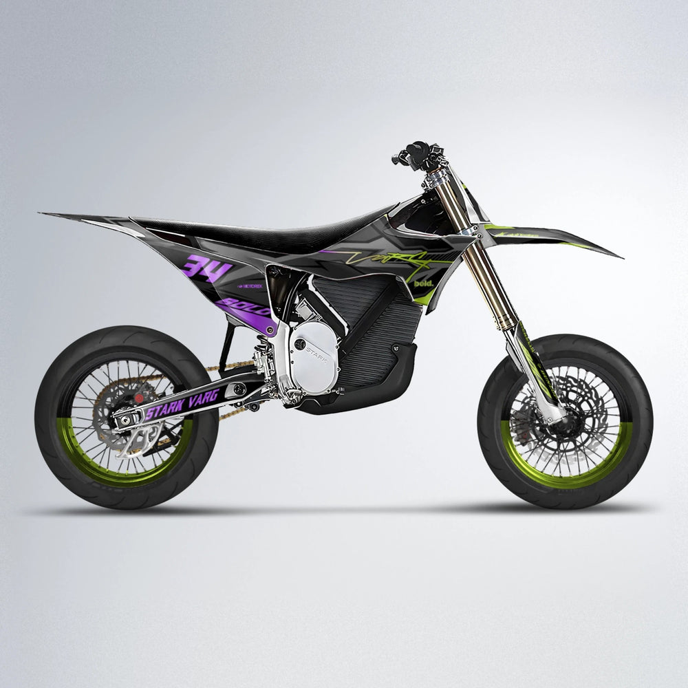 BRANDER Stark Varg SM supermoto graphics kit in Purple & Yellow