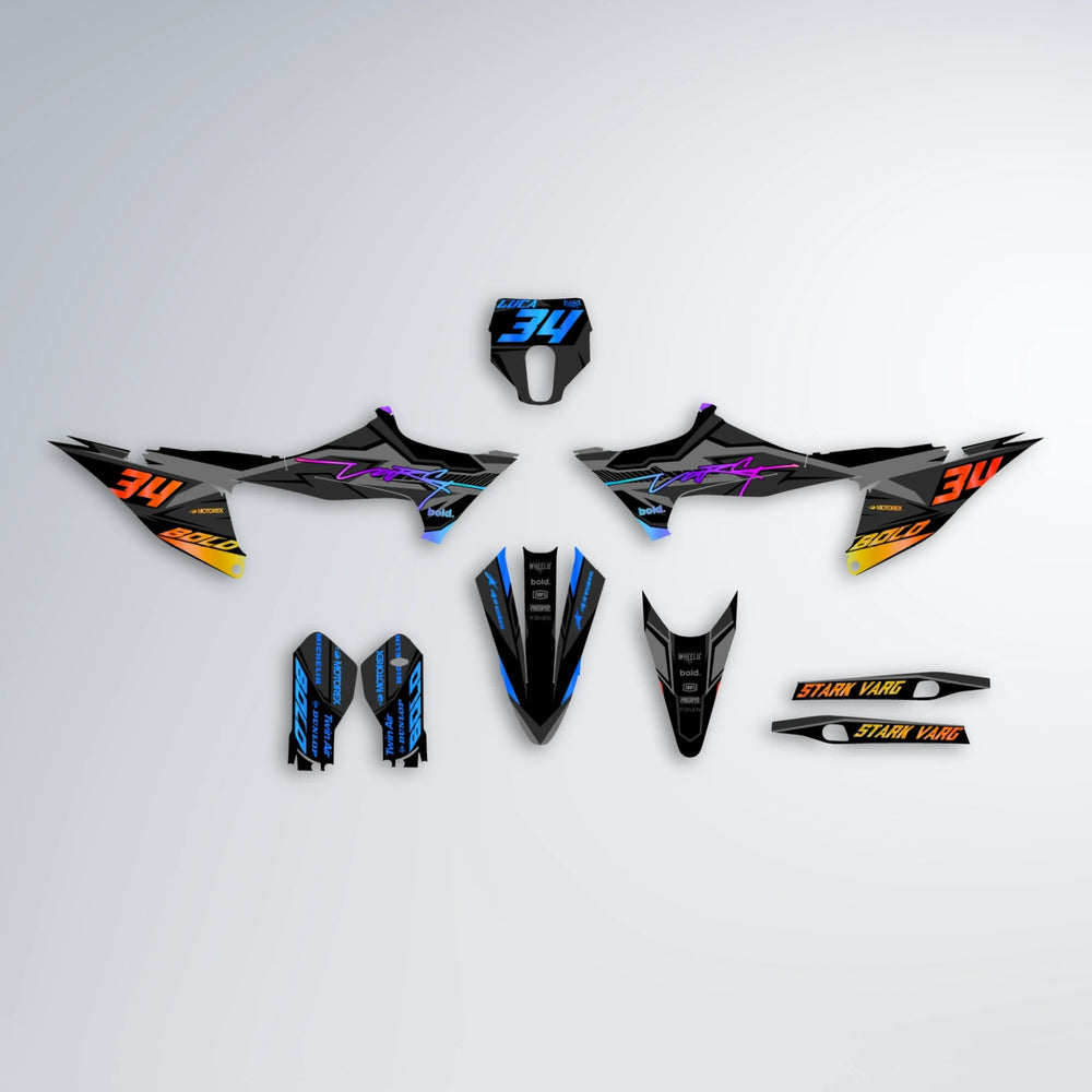 BRANDER Stark Varg SM graphics kit parts layout in Sunset Fade