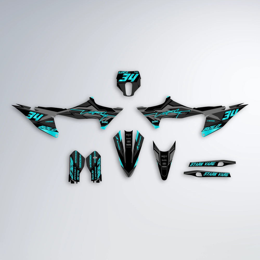 BRANDER Stark Varg SM graphics kit parts layout in Teal