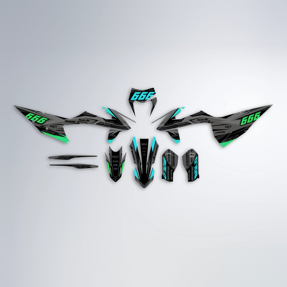 BRANDER graphics kit parts layout in Cyan & Green