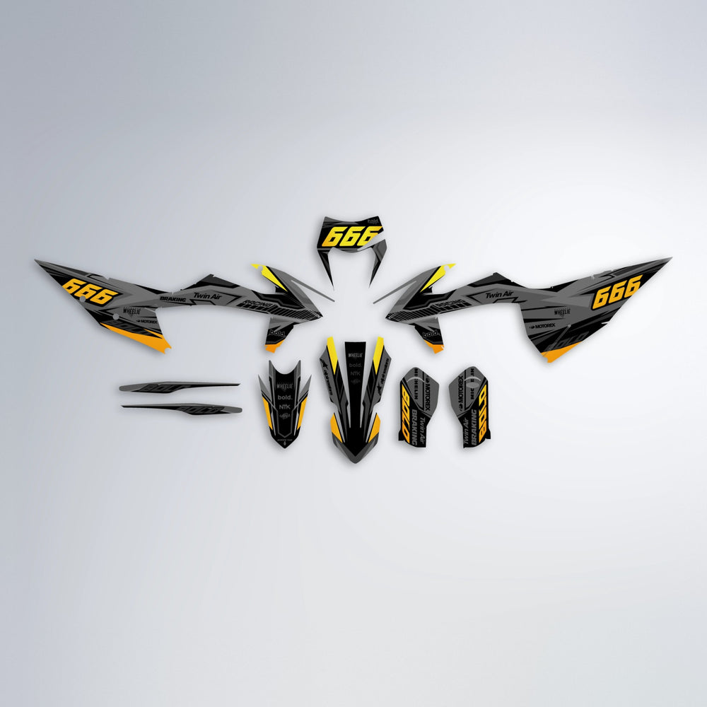 BRANDER graphics kit parts layout in Orange & Yellow