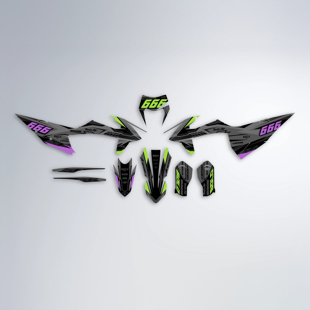 BRANDER graphics kit parts layout in Purple & Yellow