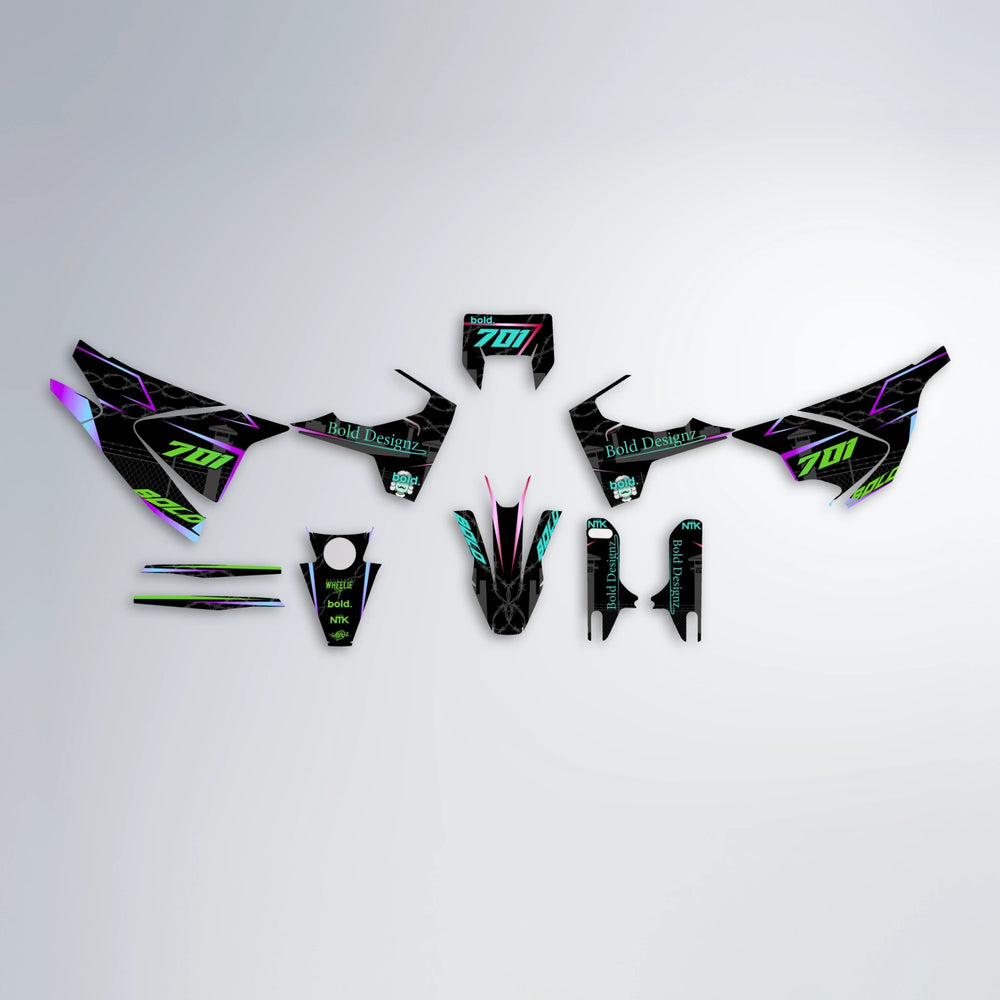 CARLITO Husqvarna 701 graphics kit parts layout in Cyan & Green