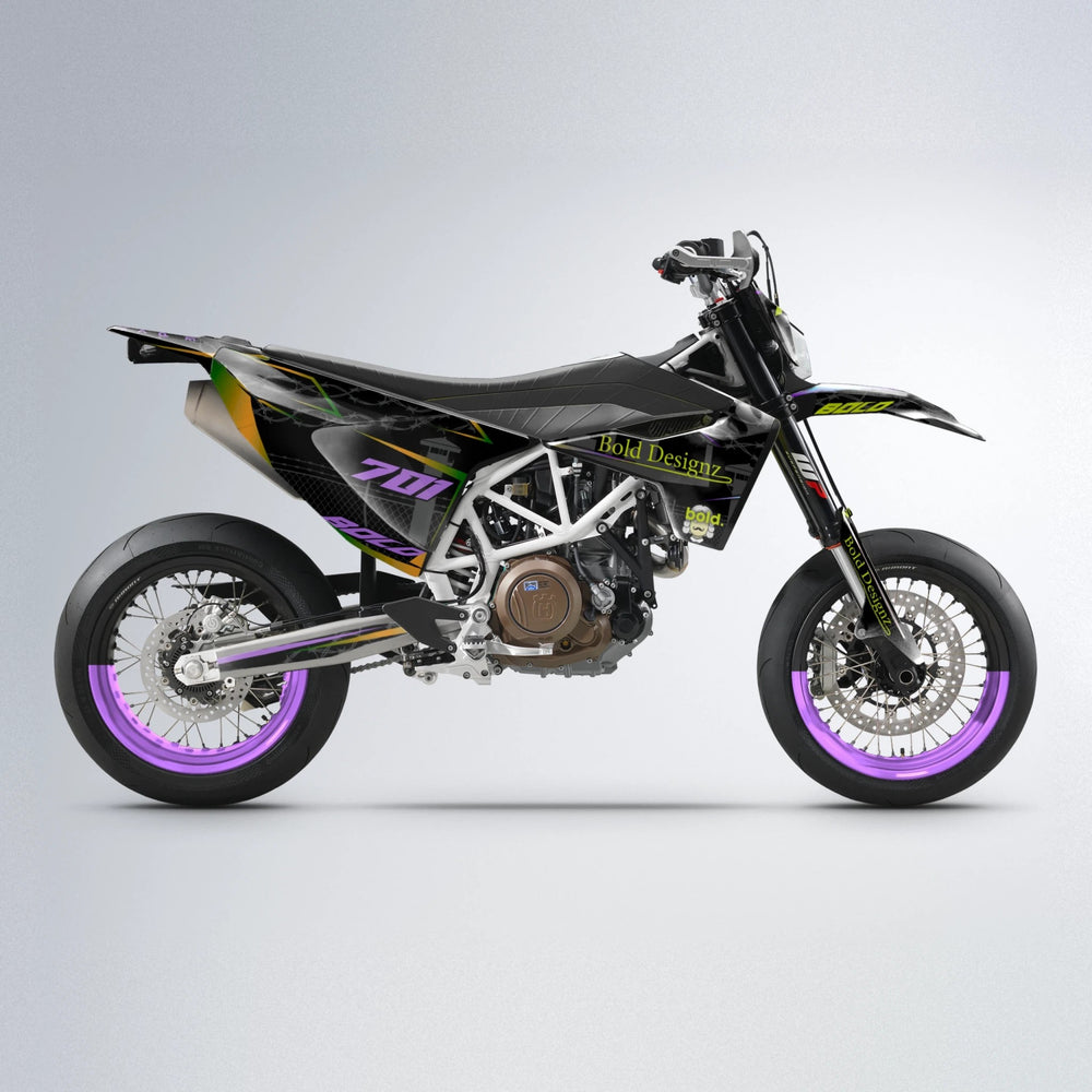 CARLITO Husqvarna 701 supermoto graphics kit in Purple & Yellow