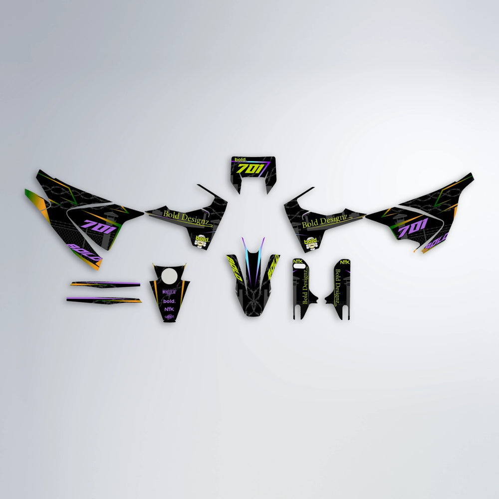 CARLITO Husqvarna 701 graphics kit parts layout in Purple & Yellow