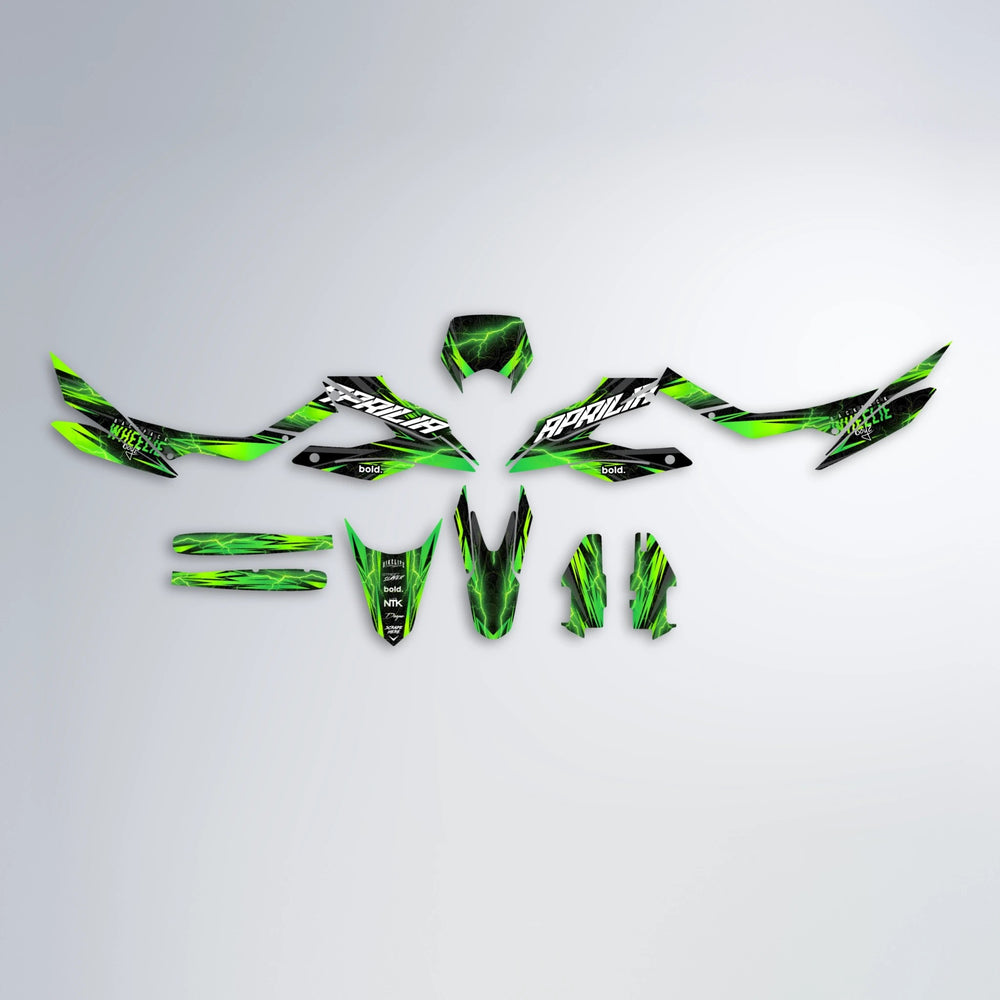 CAUTION Aprilia SX 125 graphics kit parts layout in Green